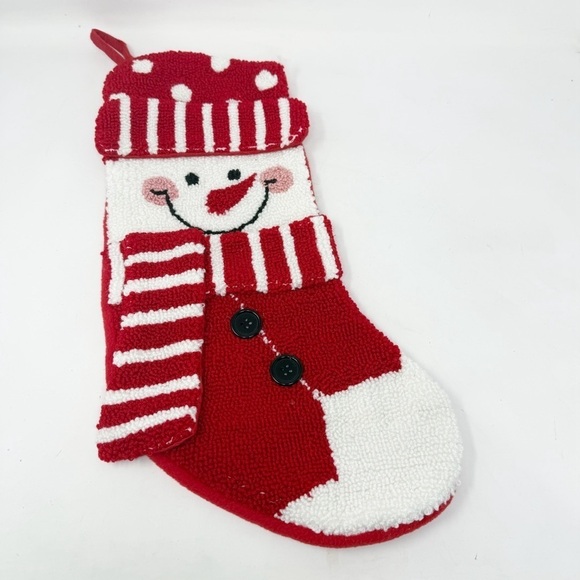CREWEL KNIT Snowman CHRISTMAS STOCKING Stripes Red White Buttons 19” Long Decor - Picture 1 of 4